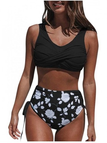 Tankinis Swimsuits for Women Plus Size Two Piece Bikini Set High Waisted Tie Side Bottom Swimsuits - Black - CQ197HKGQZA $32.34