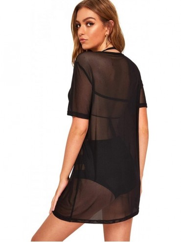 Cover-Ups Women's Beach Cover Ups Short Sleeve See Through Sheer Mesh Short Dress - Black 1 - CR18RTSNTG6 $21.33
