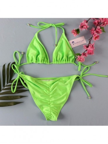 Sets Women's Triangle Bikini Set- Padded Top String Bathing Suit- Tie Side Brazilian Swimwear Bottom - Fluorescein - CA18Q74G...