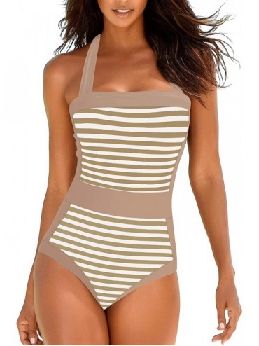 One-Pieces Women's Slimming Halter One Piece Swimsuits Color Block Tummy Control Swimwear Plus Size Bathing Suits - Stripes -...