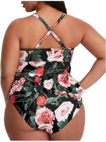 Sets Women Hater Tankini Set Printed Vintage Two Piece Swimwear Plus Size High Waist Push Up Bathing Suit - Black-1 - CS1809O...