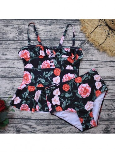 Sets Women Hater Tankini Set Printed Vintage Two Piece Swimwear Plus Size High Waist Push Up Bathing Suit - Black-1 - CS1809O...