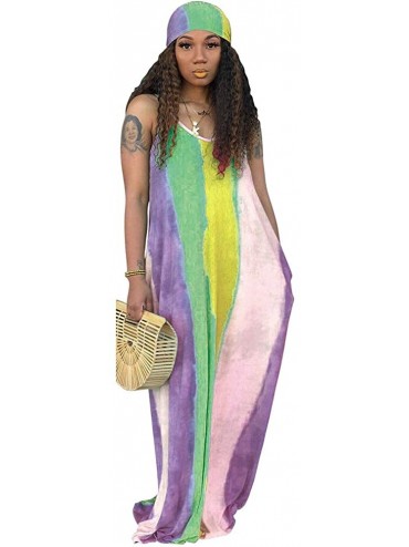 Cover-Ups Women's Tie Dye Sundress Baggy Fit Striped Sexy Spaghetti Straps Casual Boho Maxi Dress with Pockets - B-purple - C...