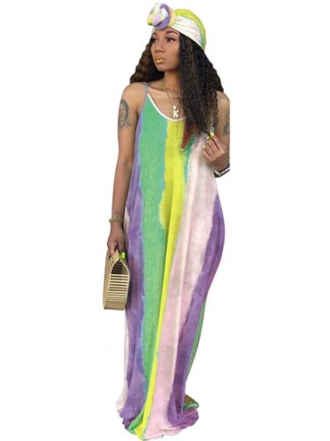 Cover-Ups Women's Tie Dye Sundress Baggy Fit Striped Sexy Spaghetti Straps Casual Boho Maxi Dress with Pockets - B-purple - C...