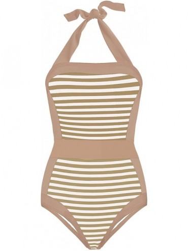 One-Pieces Women's Slimming Halter One Piece Swimsuits Color Block Tummy Control Swimwear Plus Size Bathing Suits - Stripes -...