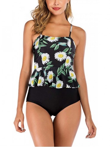 Sets Juniors Bandeau High Neck Bikini Top Cross Tie Back MId Waist Swimsuit - Floral Print1 - CN18WS9CEYG $19.95