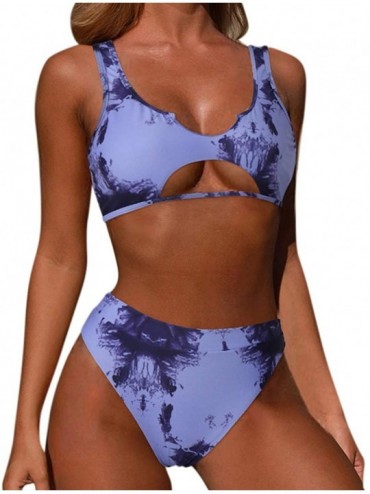 Sets Women Halter Fashion Sexy Swimwear 2 Pieces Swimsuit Bikini Set with Small Strap - 1-blue Tie Dye - CO192K6N5RW $27.97