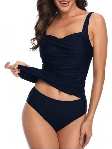 Sets Womens Slimming Tankini Top Swimsuit with Triangle Briefs Two Piece Ruched Bathing Suit - Dark Blue - CS18UU2G5U5 $43.02