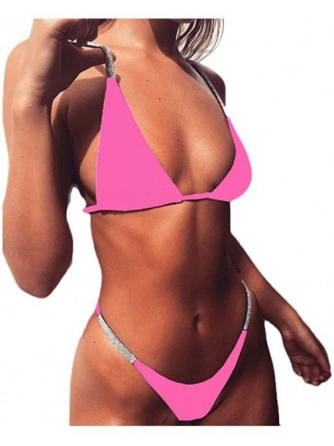 Sets Solid Bikini Suit Women Sexy Swimsuit Push-Up Padded Swimwear Bathing Bling Beachwear G-String Bottom - Pink - CA18NA48C...