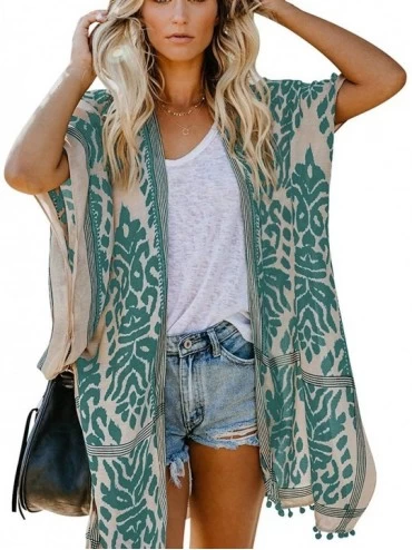 Cover-Ups Boho Print Beach Swimsuit Cover Up Women Open Front Kimono Cardigans - A-green - CT198UD3YZW $43.50