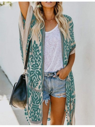 Cover-Ups Boho Print Beach Swimsuit Cover Up Women Open Front Kimono Cardigans - A-green - CT198UD3YZW $17.98