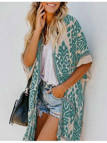 Cover-Ups Boho Print Beach Swimsuit Cover Up Women Open Front Kimono Cardigans - A-green - CT198UD3YZW $17.98