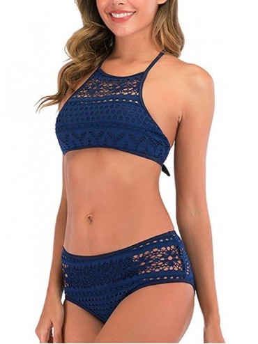 Sets Women's High Neck Bikini Sets Swimwear Knitted Two Pieces Swimsuit High Cut Bathing Suit - Blue - C3194UKL7ET $13.49