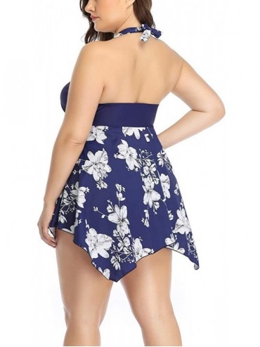 Racing Women Plus Size Two-Piece Drawstring Skirt Large Size Split Swimsuit Solid Color Printed Skirt Tankini Set - Blue - C2...