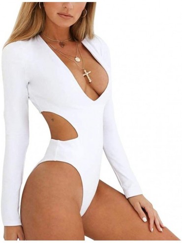 Rash Guards Rashguards for Women Long Sleeve Bathing Suit Monokini Plunge V Neck Sexy Swimsuit - White - CK18N9CKAIW $50.14