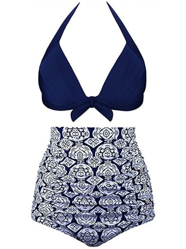 Racing Women's Vintage Ruched High Waisted Bathing Suit Plus Size Bikini Tankini Set Swimsuit Swimwear Suits - Dark Blue - CA...