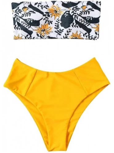 Sets Women's 2 Pieces Bandeau Bikini Swimsuits Off Shoulder High Waist Bathing Suit High Cut - Yellow-3389 - CS18AHIWWUM $49.10