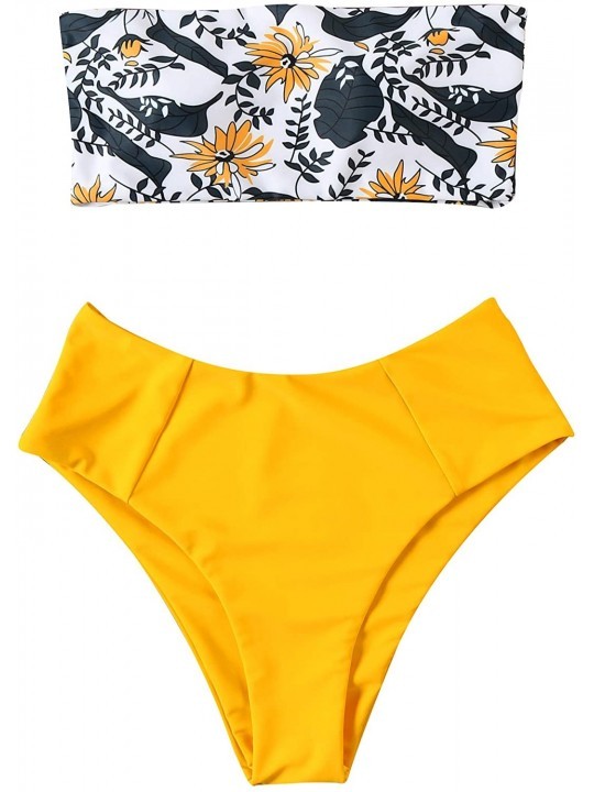 Sets Women's 2 Pieces Bandeau Bikini Swimsuits Off Shoulder High Waist Bathing Suit High Cut - Yellow-3389 - CS18AHIWWUM $27.42