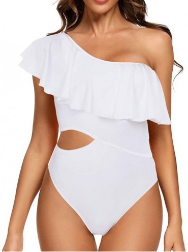 One-Pieces Women's Cutout Ruffled One Shoulder One Piece Swimsuit Bathing Suit Monokini Padded - White - CV18U2Y3C0R $46.60