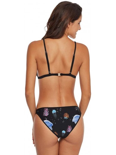 Sets Watermelon Painted Women Tie Side Bottom Padded Top Triangle Bikini Two Piece Swimsuit - Sea Life Jellyfish Coral Beauti...
