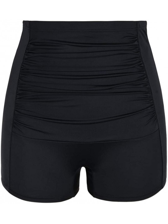 Bottoms Women's Retro Ultra High Waisted Swim Bottom Boy Leg Tankini Shorts Ruched Swimwear Briefs - Black - C1196ONROGG $15.75