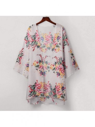 Cover-Ups Womens Kimono Cardigan- Midi Length Chiffon Shawl Floral Print Top Cover Up Blouse Smock - 7 White - CO18TT9RWH4 $2...