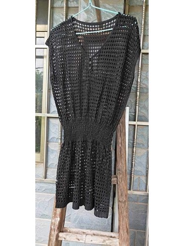 Cover-Ups Women's Sexy Crochet Hollow Out Top Beach Tunic Mini Dress Smocked Blouse Swimsuit Cover Up Swimwear - Black a - C7...