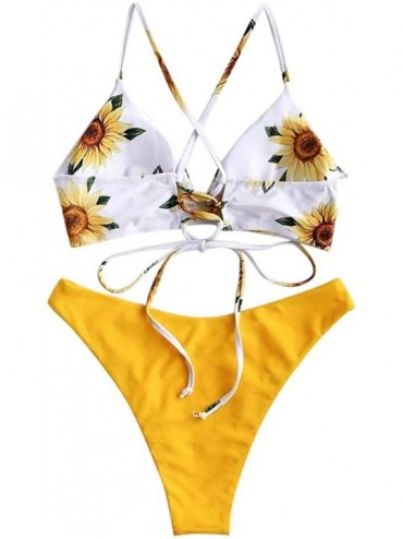 Sets Women Brazilian Bikini Sets Two Piece Swimsuit V Neck Criss Cross Swimwear Sunflower Print Thong Beachwear Bathing Suit ...