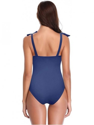 One-Pieces Women's Swimwear Vintage Shirred Backless One Piece Bathing Suits Pin Up Monokini Swimsuits - Blue - D - CI18ZCUT3...