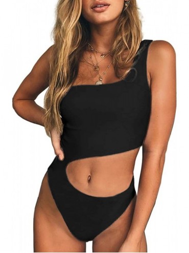 One-Pieces Women's One Piece Swimsuits One Shoulder Cut Out Monokini Bathing Suits - Black - CT18RANXIAO $42.75