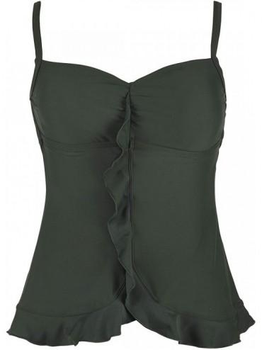 Tops Women's Swim Top Padded Ruffle Hem Shirred Swimwear Tankini Swimsuit Top - Dark Green - CJ18R4UUNEL $44.43