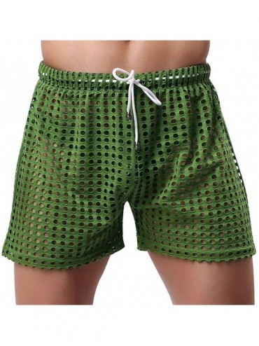 Briefs Men's Mesh Boxer Briefs Hollow Openwork Drawstring Lounge Underwear Trunk Shorts - Green - C9126YLXTZX $19.02