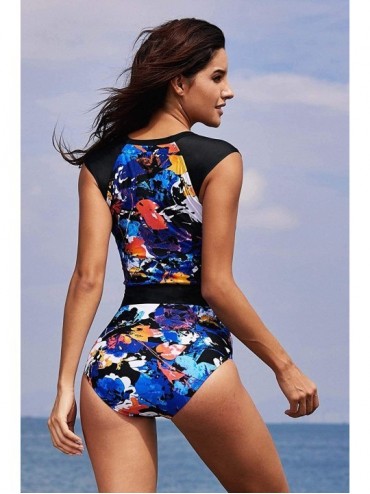 Racing Women Zip Front Athletic One Piece Swimsuit Printed Swimwear Beach Surfing Bathing Suit - Printed - CS18NUI5S9I $24.99