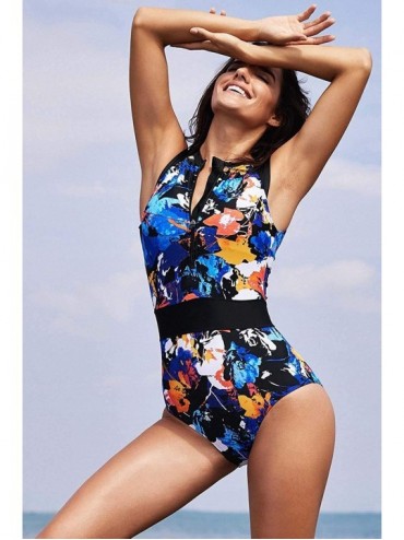 Racing Women Zip Front Athletic One Piece Swimsuit Printed Swimwear Beach Surfing Bathing Suit - Printed - CS18NUI5S9I $24.99