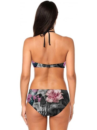 Sets Women's High Neck Halter Bikini Set Swimsuits Push Up Padded Swimwear - Multi Colorful Flowers Sugar Skull Galaxy - C719...