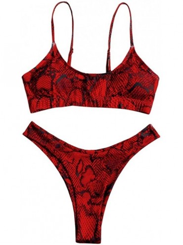 Sets Women's Sexy Push Up Padded Ribbed Cheeky High Cut Bikini Swimsuits - Red - CC197KLY8D0 $38.84