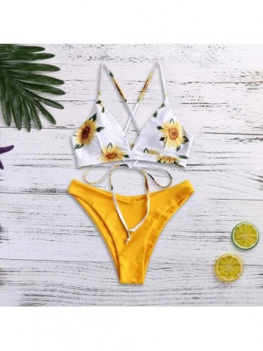 Sets Women's Sunflower Print Swimsuit- Sharemen Bikini Swimsuit Tie Knot Front Swimwear Set 2 Pieces Solid Bathing Suits - Ye...