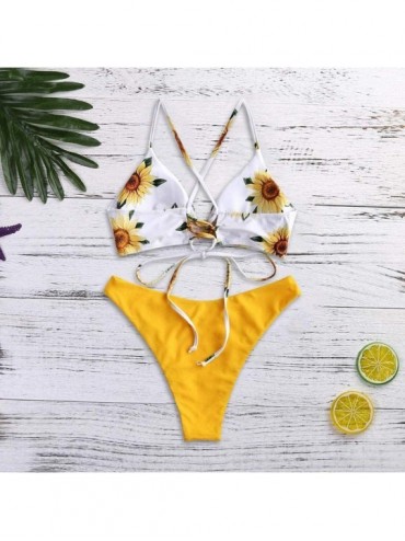 Sets Women's Sunflower Print Swimsuit- Sharemen Bikini Swimsuit Tie Knot Front Swimwear Set 2 Pieces Solid Bathing Suits - Ye...