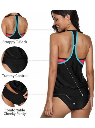 Sets Geometric Tankini Swimsuits for Women V Neck Strappy Back 2 Piece Swimsuits - Black（color Block) - C6195AI79HD $33.30