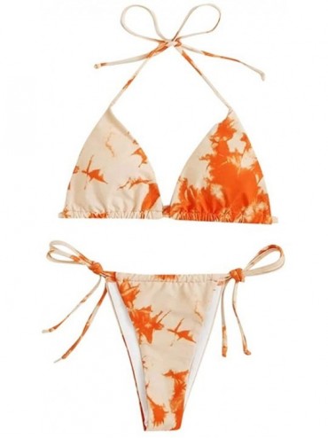 Sets Women's Tie Dye Bikini Sexy Lace Up High Cut Leg Halter Bikini Set Two Piece Swimsuit Swimwear Bathing Suit Z2 orange - ...