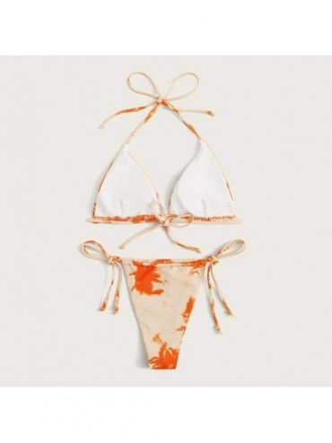 Sets Women's Tie Dye Bikini Sexy Lace Up High Cut Leg Halter Bikini Set Two Piece Swimsuit Swimwear Bathing Suit Z2 orange - ...