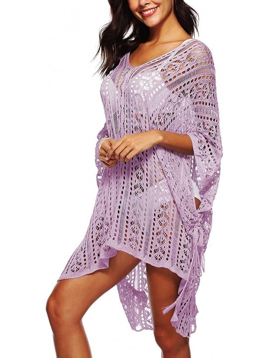 Cover-Ups Womens Lace Crochet Hollow Out Batwing Swimsuit Cover Up Side Slit Flowy Beach Dress - Pink Purple - CE18ND7NLKX $1...