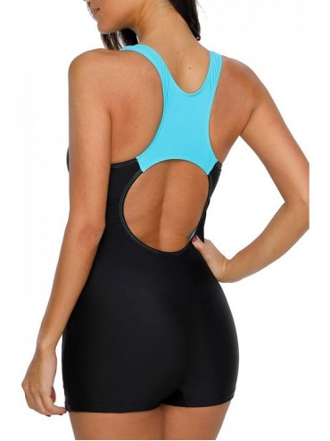 Racing Women's One Piece Swimsuits Boyleg Sports Swimwear - Aqua Black Printed - CP180KT2WE8 $28.38