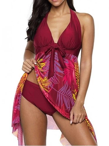 Tankinis Women Swimsuit Two Piece Tankini Mesh Swimdress Floral Printed with Briefs Bathing Suits - Wine a - CK194XLEZZ2 $39.93