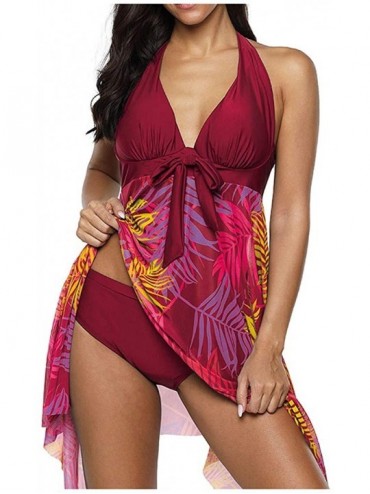 Tankinis Women Swimsuit Two Piece Tankini Mesh Swimdress Floral Printed with Briefs Bathing Suits - Wine a - CK194XLEZZ2 $25.41