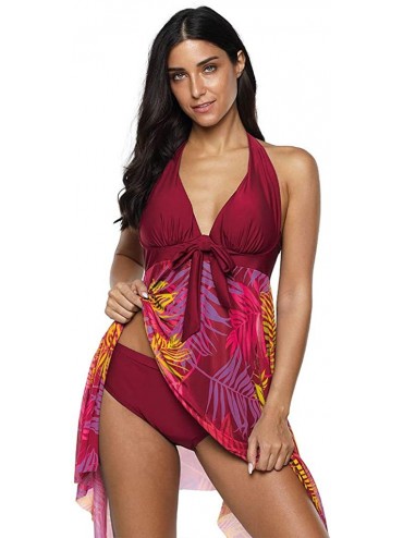 Tankinis Women Swimsuit Two Piece Tankini Mesh Swimdress Floral Printed with Briefs Bathing Suits - Wine a - CK194XLEZZ2 $25.41