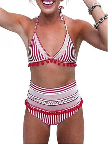 Sets Halter Tie Back High Waist Triangle Bikini Set-Tummy Control Swimsuit for Women - Red - CN18OQT9LIX $24.58