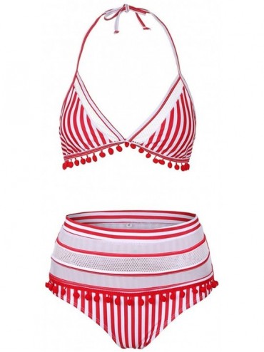 Sets Halter Tie Back High Waist Triangle Bikini Set-Tummy Control Swimsuit for Women - Red - CN18OQT9LIX $24.58