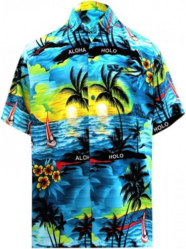 Cover-Ups Men's Beach Camp Party Button Up Short Sleeve Hawaiian Shirt - Teal Blue_w35 - CP1885Q8LQW $47.22
