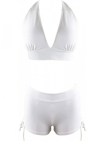 Racing Women Two Piece Swimsuit Deep V Neck Halter Push Up Top with Boyshort Athletic Bathing Suit - White - CC196YZEK86 $26.27